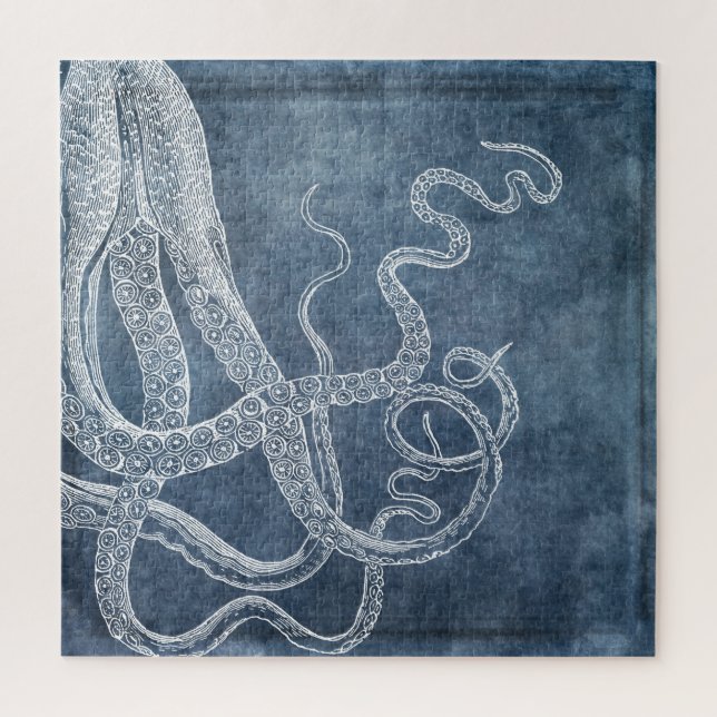 Octopus Twilight Blue Denim Watercolor Art (Vertikal)
