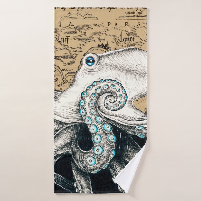 Octopus Vintage Karte Beige Badhandtuch Set (Badehandtuch)