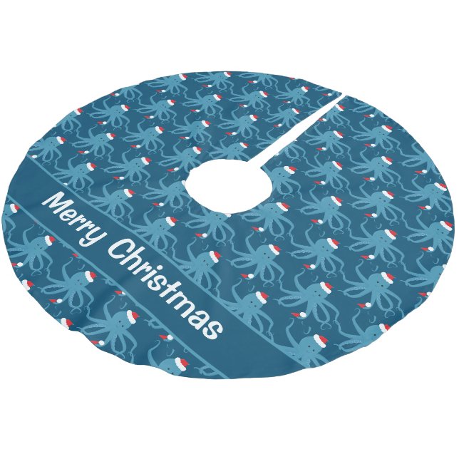Octopus Weihnachtsmannmütze Blue Christmas Polyester Weihnachtsbaumdecke (Schrägansicht)