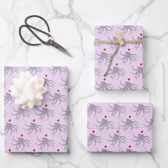 Octopus Weihnachtsmannmütze Lila Holiday Animal Ch Geschenkpapier Set (Vorderseite)
