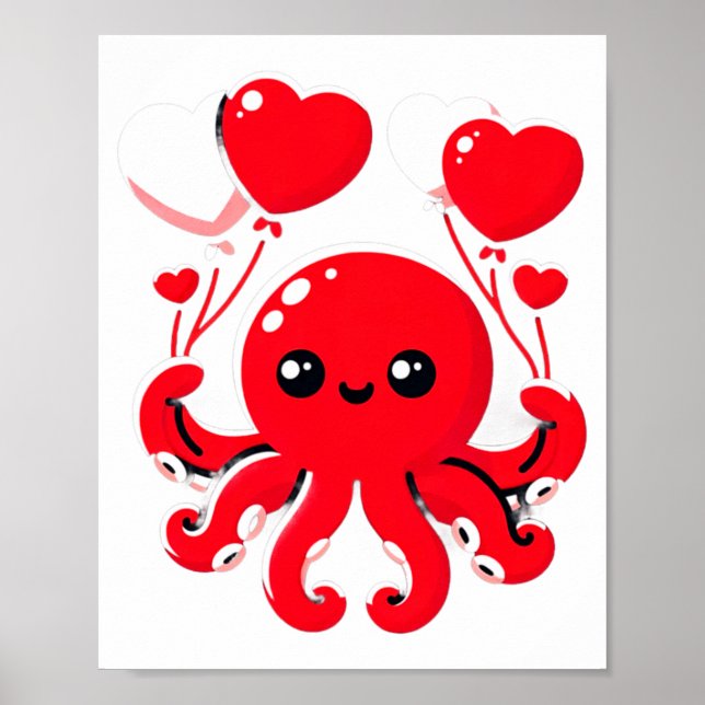 Octopus With Heart Lloons Adorable Valentines Day  Poster (Vorne)