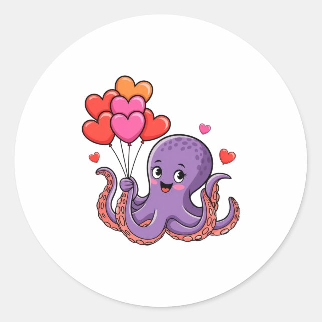 Octopus With Heart Lloons Valentine Day  Runder Aufkleber (Vorderseite)