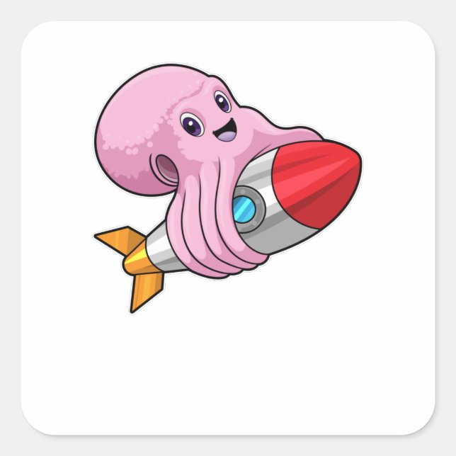 Octopus with Rocket Quadratischer Aufkleber (Vorderseite)