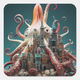 Octopus World Underwater Fantasy Ocean Abstrakt Quadratischer Aufkleber