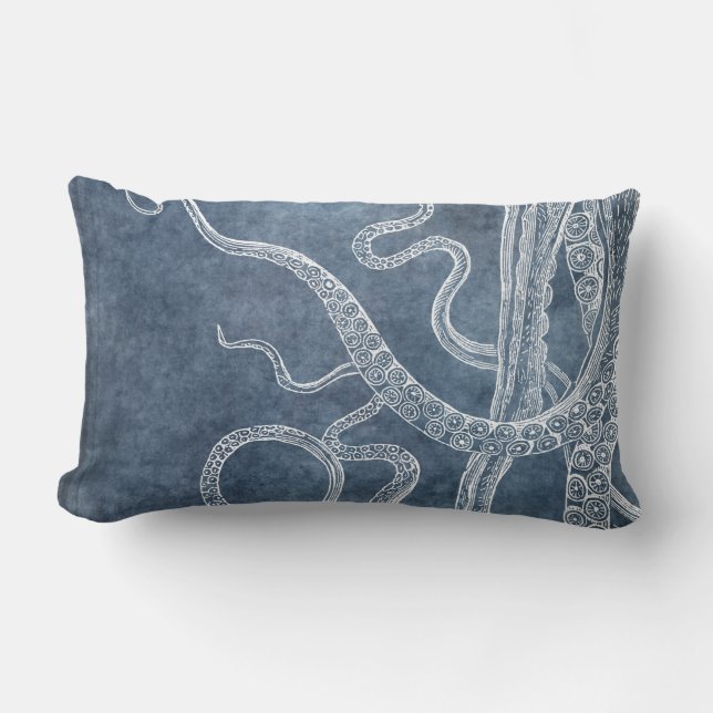 Octopus - Zweifarbiges Blau verblasstes Denim Wass Lendenkissen (Vorderseite)
