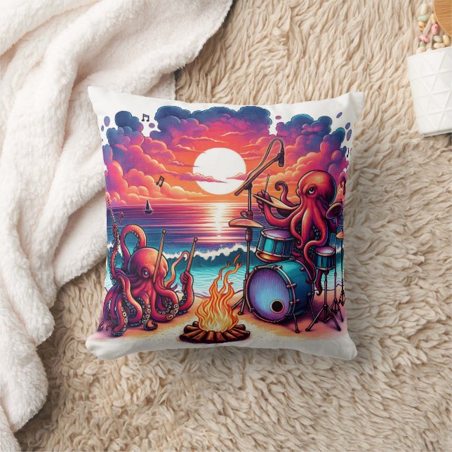 Octopuses Playing Music by Sunset Beach Kissen (Decke)