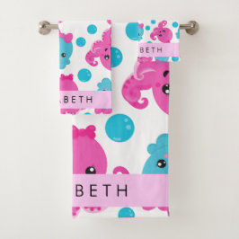 Octopusmuster, Niedlicher Kraken, Meer, Ihr Name Badhandtuch Set