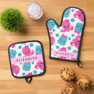 Octopusmuster, Niedlicher Kraken, Meer, Ihr Name Ofenhandschuh & Topflappen-Set