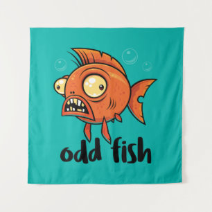 Odd Fish Quirky Funny Orange Goldfish Cartoon Wandteppich