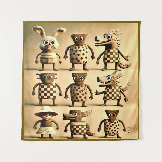 Odd Friends - Schachbrett & Dots Creature Family P Wandteppich (Vorderseite)