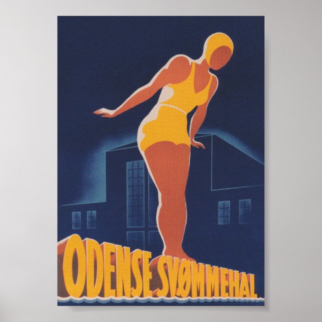 Odense Danemark, Swimmer, Poster Vintage voyage (Devant)