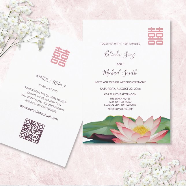 ODER Code | Lotus Blume Chinesische Hochzeit Einladung (Von Creator hochgeladen)