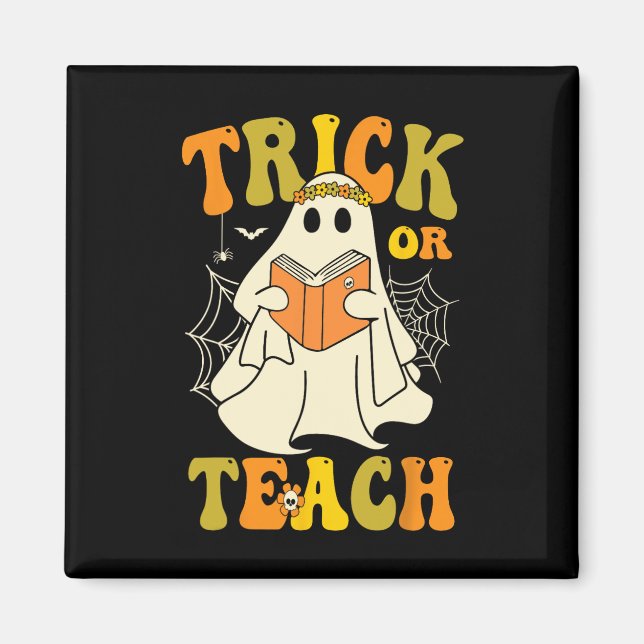 Oder lehren Groovy Halloween Retro Floral Ghost Te Magnet (Vorne)