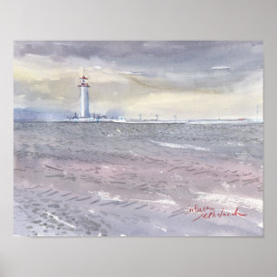 Odesa-Leuchtturm und graues Schwarzes Meer Aquarel Poster