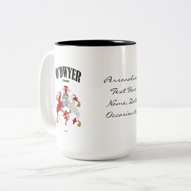 O'Dwyer Familienwappen, Übersetzung und Bedeutung Zweifarbige Tasse (Vorderseite Links)