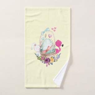 Oeuf mignon, Flamant rose rose et lapin, Aquarelle