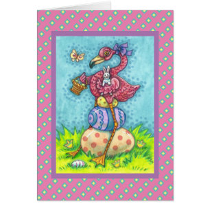ŒUFS DE PÂQUES, FLAMANT ROSE MIGNON, CARTE DE VŒUX