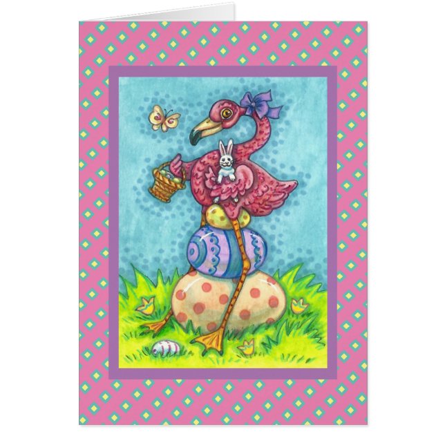 ŒUFS DE PÂQUES, FLAMANT ROSE MIGNON, CARTE DE VŒUX (Devant)