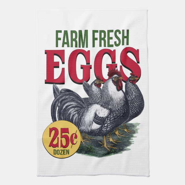 Oeufs frais de ferme, serviette de cuisine, coq (Vertical)
