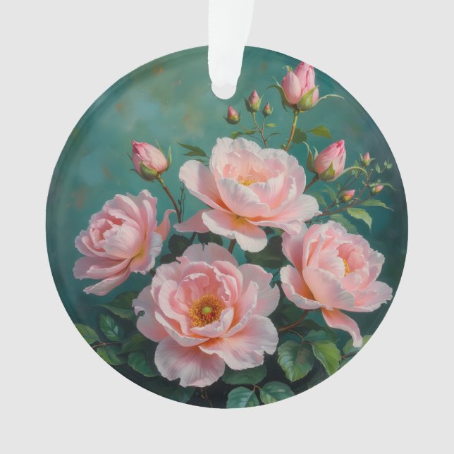 Œuvre d'art sur pivoines roses sur fond vert émera (devant)