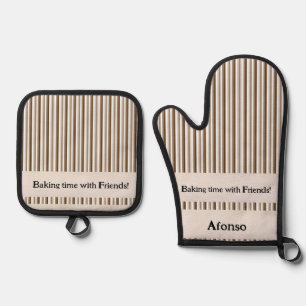 Ofen Mitt- und Pothalter Braunstreifen Ofenhandschuh & Topflappen-Set