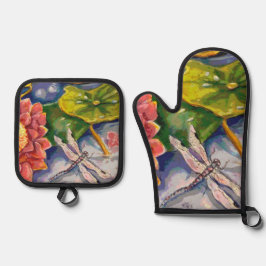 Ofen-Mitt und Pothalter - Dragonfly & Waterlilly Ofenhandschuh & Topflappen-Set