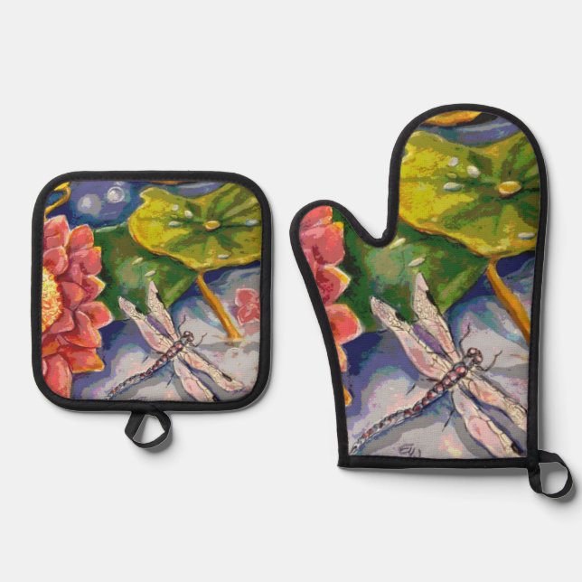 Ofen-Mitt und Pothalter - Dragonfly & Waterlilly Ofenhandschuh & Topflappen-Set (Vorderseite)
