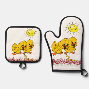Ofen Mitt- und Pothalter Gelbe Chicks Sonnenblumen Ofenhandschuh & Topflappen-Set