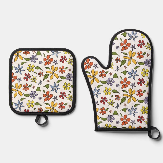 Ofen-Mitt und Pothalter mit Blumendruck Ofenhandschuh & Topflappen-Set (Vorderseite)