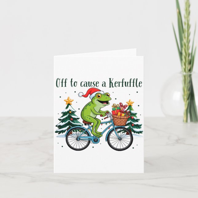 Off To Cause A Kerfuffle Funny Frog Santa Christma Karte (Vorderseite)