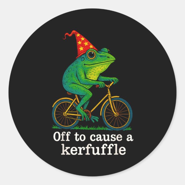Off To Cause A Kerfuffle Funny Frog Wizard Bicycle Runder Aufkleber (Vorderseite)