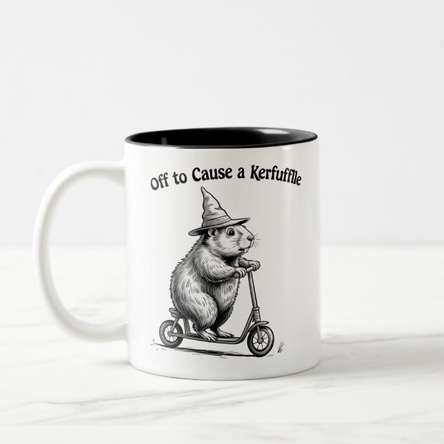 Off To Cause A Kerfuffle Funny Groundhog Scooter  Zweifarbige Tasse (Links)