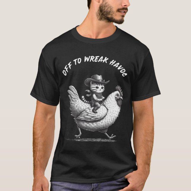 Off To Wreak Havoc: Funny Cat Cowboy T-Shirt (Vorderseite)