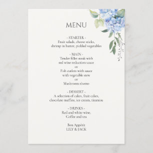 Off-White   Elegant Blue Beige Hydrangea Wedding Menükarte