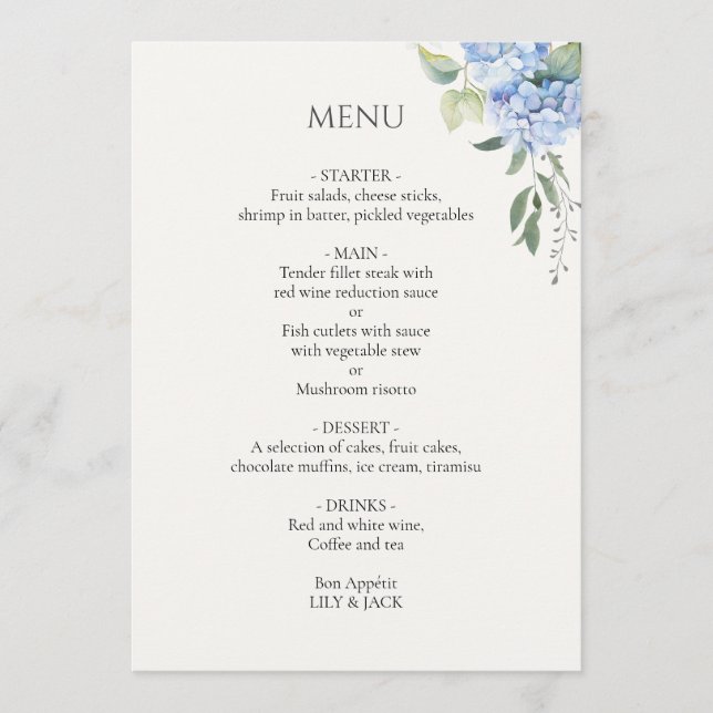 Off-White | Elegant Blue Beige Hydrangea Wedding Menükarte (Vorderseite)