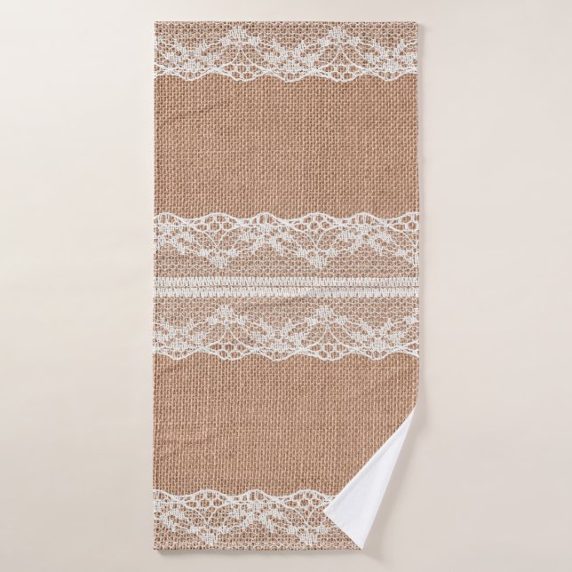 Off-White Lace auf Brown Burlap Texture Badehandtuch (Badehandtuch)