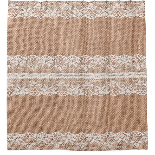 Off-White Lace auf Brown Burlap Texture Duschvorhang (Vorderseite)
