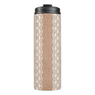 Off-White Lace auf Brown Burlap Texture Thermosbecher