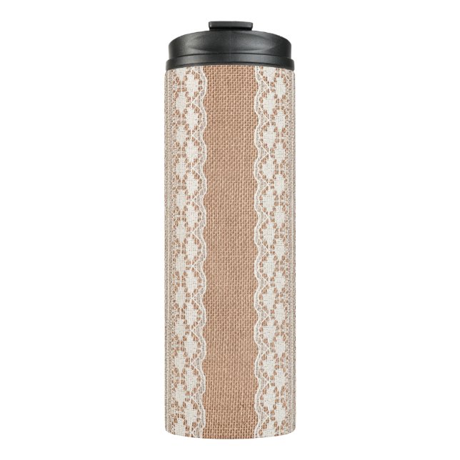 Off-White Lace auf Brown Burlap Texture Thermosbecher (Vorderseite)