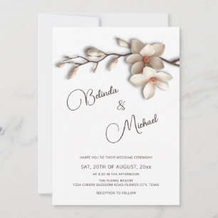Off White Magnolia Erhabener Effekt Blumenhochzeit Einladung