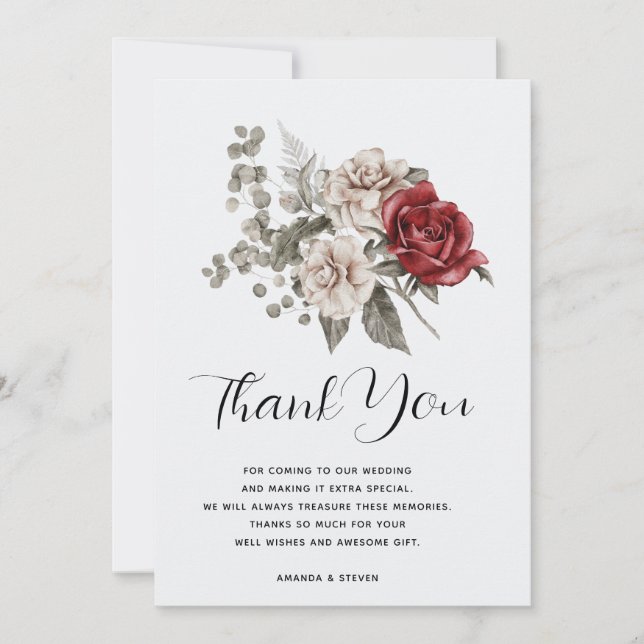 Off-White & Rote Rosen Floral Bouquet Vielen Dank Dankeskarte (Vorderseite)