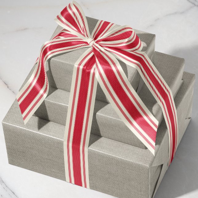 Off-White und Classic Red Ticking Tape Ribbon Ripsband (festive Christmas cherry red French ticking stripe patterned satin ribbon)