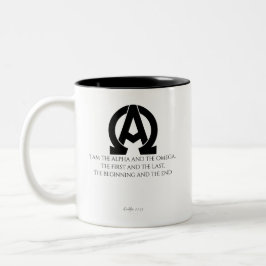 Offenbarung 22:13: "Ich bin das Alpha und das Omeg Zweifarbige Tasse