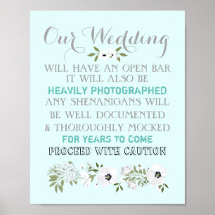Offene Bar Hochzeitsschild Floral Lustig Jede Farb Poster