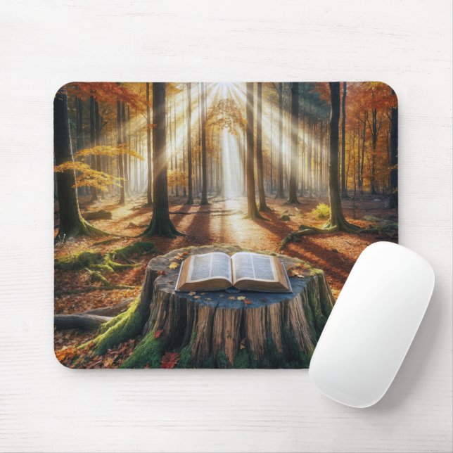 Offene Bibel auf Baumstumpf im Herbst Mousepad (Mit Mouse)