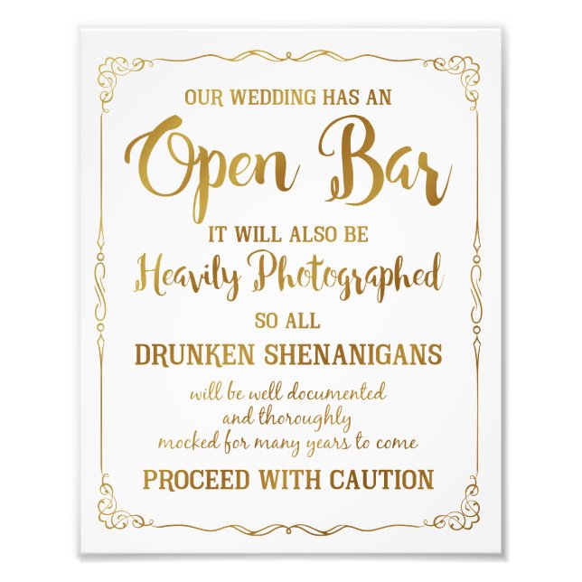 Offenes Bar Hochzeitszeichen Gold Glitzer, Hochzei Fotodruck (Vorne)