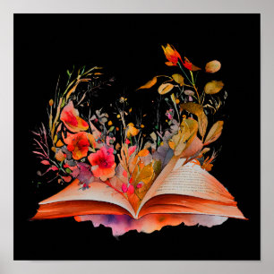 Offenes Buch mit Blume Poster