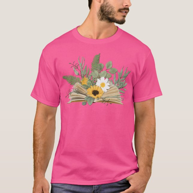 Offenes Buch mit Blumen und Blättern T-Shirt (Vorderseite)
