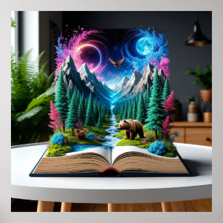 Offenes Buch mit einer magischen Fantasiewelt Poster