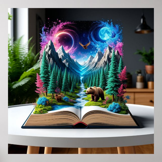 Offenes Buch mit einer magischen Fantasiewelt Poster (Vorne)
